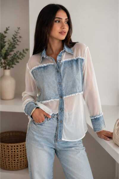 Benedetto New Season Washed Denim Look Casual Women's Shirt with Chiffon Detail