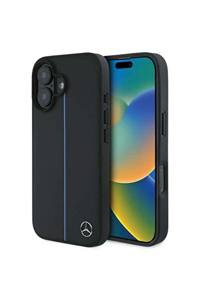 MERCEDES Husă MB Blue Line din piele MagSafe pentru iPhone 16 - negru