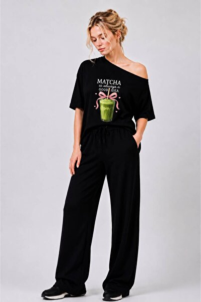 trendgar Siyah Matcha Baskılı Kadın Buggy Pantolon Geniş Asimetrik Yaka Detaylı Tişör Takım