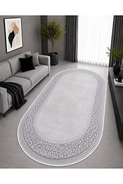 GNL HOME Gri zincir Oval Djital Baskı,Kaymaz Taban, Yıkanabilir Salon, Mutfak...