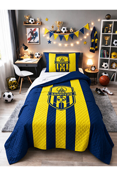 Bebişim Halı Yellow Navy Blue Champion Fan Children's Room Single Pique Bedsp...