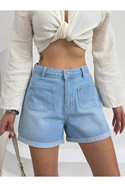 XBELLA DENİM Sort Front and Back Pocket Detail, Blue Folded Cuffs