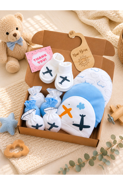 Renkli Puset 7-Piece Cotton Baby Set Airplane (3 Hats - 3 Gloves - Booties)