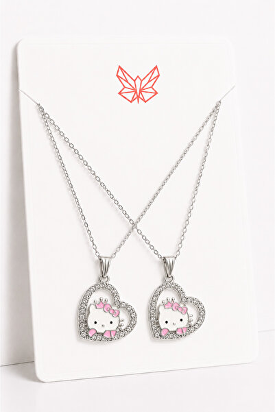 MakeWell Hello Kitty Kalpli Kolye Seti 2'li – Zirkon Taşlı Kalp Kolye, Arkada...