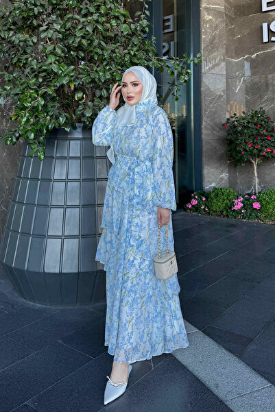 İmajButik Blue Layered Chiffon Dress with Elastic Waist Skirt