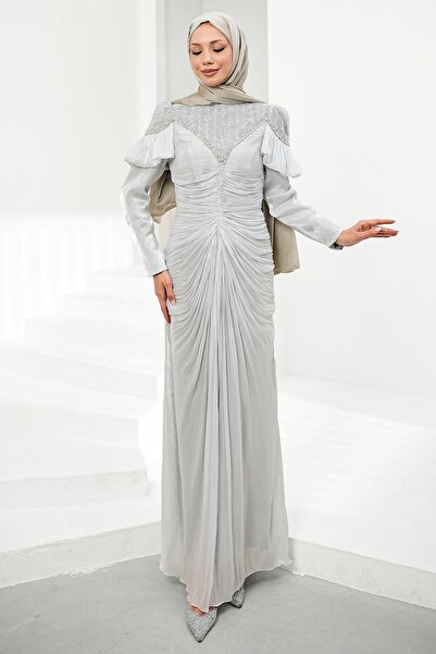 İmajButik Gray Gathered Front and Shoulder Detailed Janjan Evening Dress