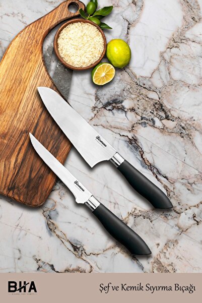 Sürmene Bıçakçı Hacı Ahmet Premium 2 Parça Şef ve Sıyırma Mutfak Seti Santoku...