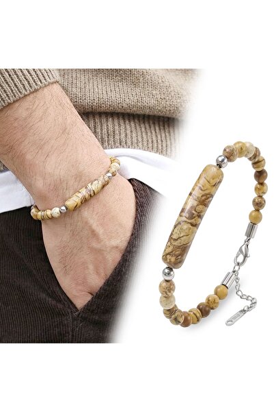 Mestore سوار من حجر الجاسبر الطبيعي مع حبل فولاذي ومشبك فولاذي 31682B19D3