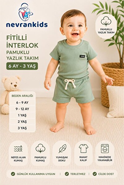 nevrankids Fitilli İnterlok Pamuklu Yazlık Bebek Takımı Şortlu Unısex İkili Takım 6 Ay - 3 Yaş - Çağla Yeşil
