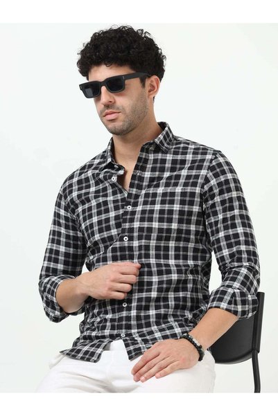 THE SOUTHZ Black & White Check Slub Linen Casual Full Sleeve Shirt