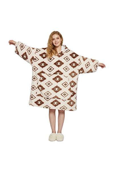 OEM Hanorac Pătură Kocobluza 2în1 Oversize Călduros Sherpa Bej Model Abstract