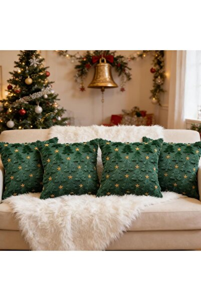 OEM Set de 4 fețe de pernă decorative de Crăciun, plăcute, din catifea, verzi...