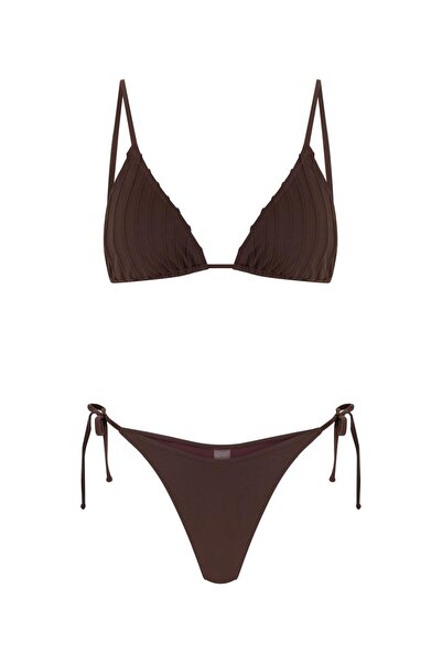 TIME MUSE SAVANNA Dekoratif Dikiş Detaylı Kahverengi Üçgen Bikini Takım