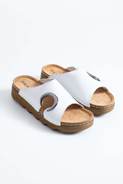 Moda Pie Onas Women's Genuine Leather Slippers with Side Moon Buckle, White Skin