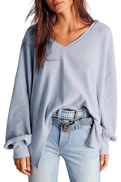 OEM Bluza pentru femei Tunică cu model waffle Croială lejeră Decolteu în V Mo...