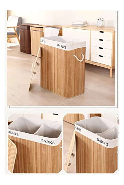 mucit home İki Bölmeli Bambu Naturel Çamaşır Sepeti - Mega Katlanabilir Çamaş...