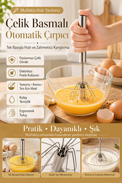 Anadolu Saray Çelik Basmalı Otomatik Çırpıcı Mikser Paslanmaz El Çırpıcı Yumu...