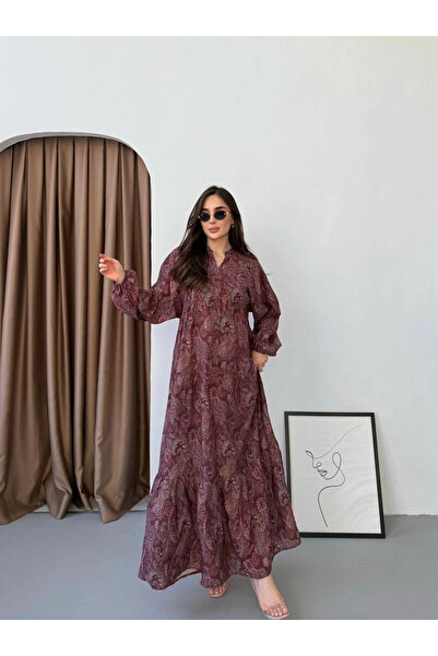 Butik Bordo Şal Desenli Düğmeli Geniş Kalıp Elbise Modelimiz