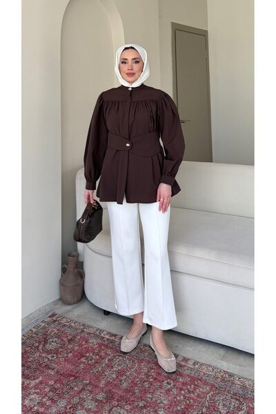 Moda Aydın Butik قميص تونيك نسائي بحزام عند الخصر - بني