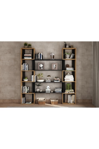 Vivense WOODESK DUBLİN MASİF AHŞAP KİTAPLIK, NATURAL-SİYAH RENK, 190X200 CM