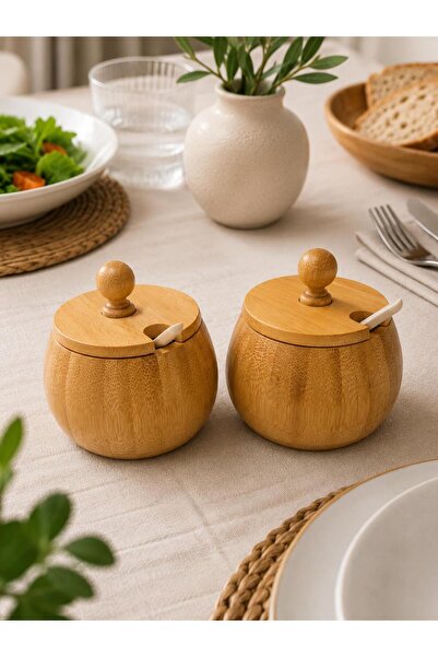 İLİVA 2-Piece Bamboo Salt and Sugar Bowl Set with Lid and Spoon, Spice Storag...