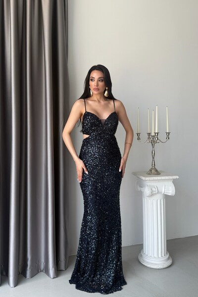 Serica Moda Navy Blue Belted Long Evening Dress with Straps