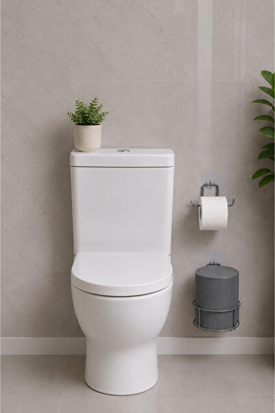 metalshop 2 Parça Banyo Seti Metal Stantlı Çöp Kovalı Wc Kağıtlık Yuvarlak
