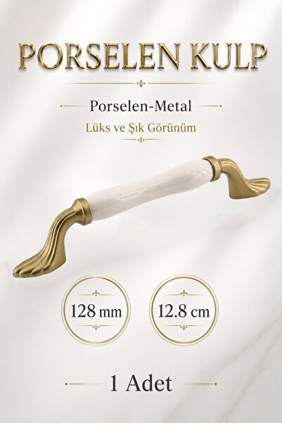 Badem10 Estina Porselen Mat Altın Kulpları 128 mm 12.8 cm Mobilya Çekmece Mut...