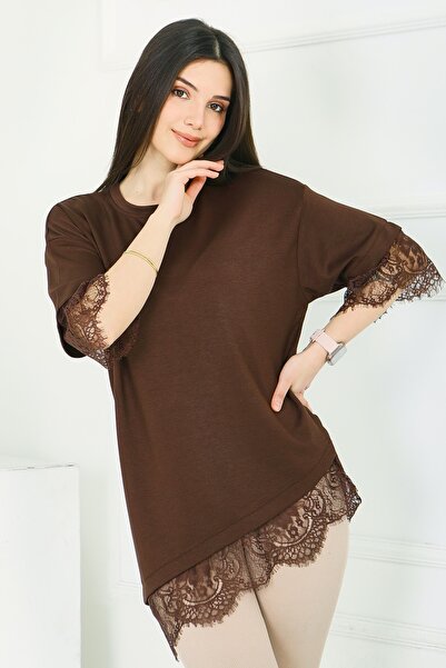 TOFİSA Modal Dantelli T-shirt - 28420-KAHVE