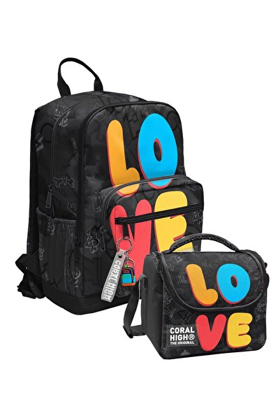 Coral High Black Multicolor Love Printed (Boy) School Backpack and Lunch Bag ...