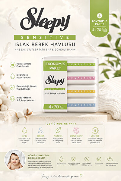 Sleepy Sensitive Islak Bebek Havlusu 4x70 Yaprak 280 Adet Hassas Ciltlere Öze...