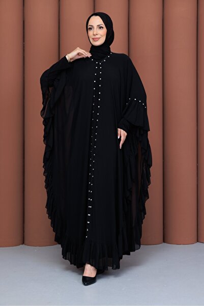 PAVENTİ Taşlı Şifon Detaylı İçlikli Abaya Siyah