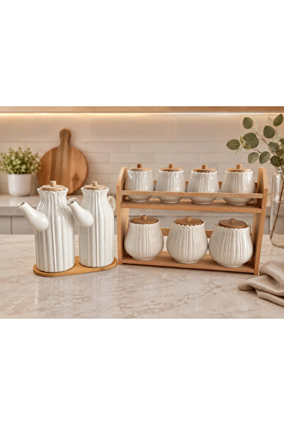 PAPİSAHOME 10 Piece Daisy Round Porcelain Oil Pot with Stand 1000ml Oil Pot a...