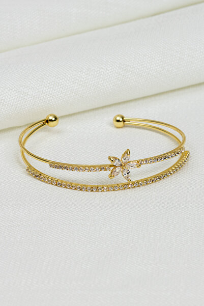 Süspüs Accessories 2 Row Gold Bracelet with Lotus Flower Figured Stones