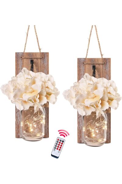 Arabest Set of Two Rustic Mason Jar Wall Sconces,LED Lights with Remote Contr...