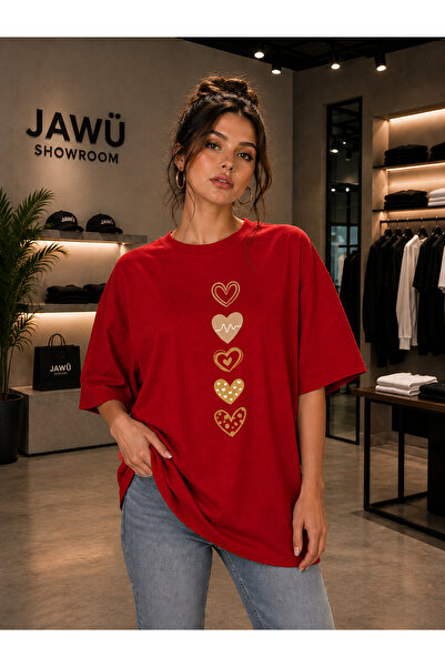 JAWÜ STYLE تي شيرت واسع الحجم مطبوع عليه قلوب من القطن