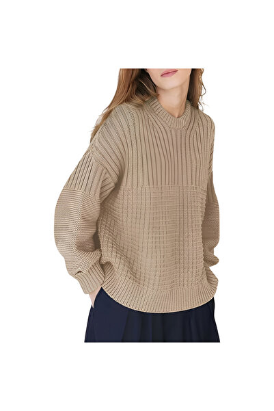 OEM Pulover damă oversize cu mâneci bufante vintage stilat bej S
