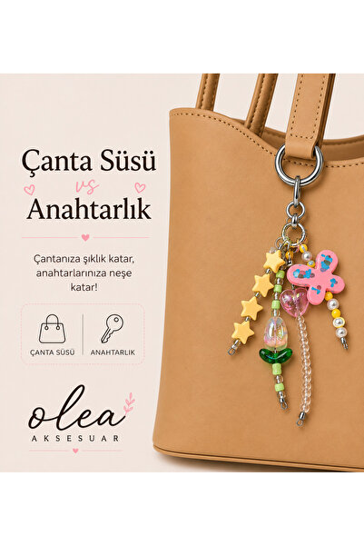 OLEA AKSESUAR Butterfly Figured Bag Ornament Keychain Colorful Beaded Bag Cha...