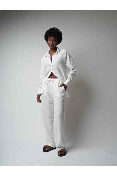citycenterfashion Women's Elastic Waist Wide Leg Muslin Trousers Cty-Abr-7271