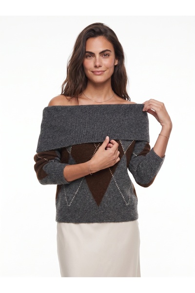 ONLOOX Anthracite Brown Knitwear Stretchy Textured Madonna Collar Diamond Pat...