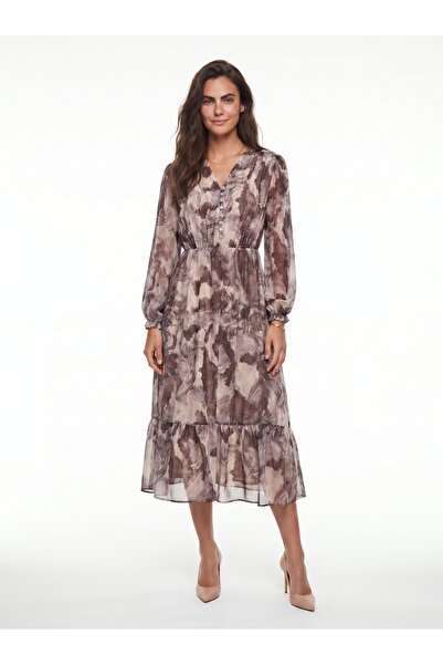 ONLOOX Mink Chiffon Fabric V-Neck Long Sleeve Elastic Waist Draped Front Butt...