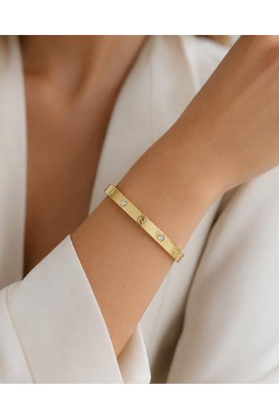 OGHAMAY Steel Gold Handcuff Bracelet with Stone Screw Pattern Women's Bracele...