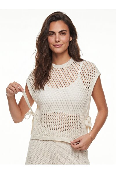 ONLOOX Ecru Acrylic Textured Crew Neck Sweater with Openwork Side Tie Detail,...