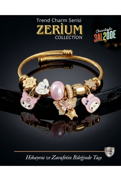 ZERİUM Modern Steel Stylish Women's Charm Steel Bracelet Pink Kuromi and Hear...