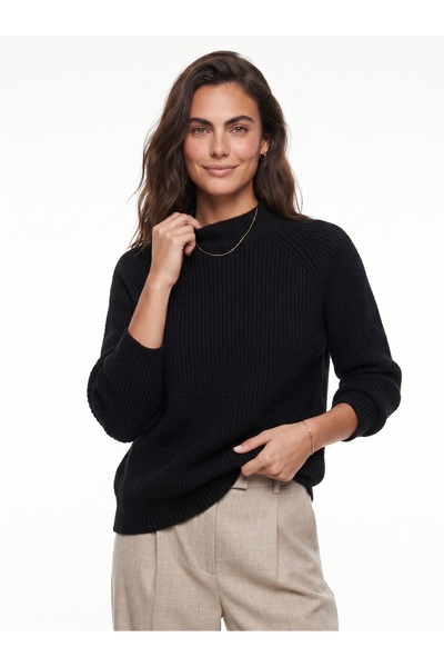 ONLOOX Black Soft Textured Knitted Patterned Crew Neck Raglan Sleeve Standard...