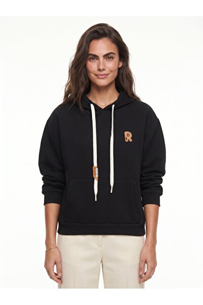 ONLOOX Black Embroidered Stretch Fabric Hooded Loose Cut Sweatshirt with Kang...