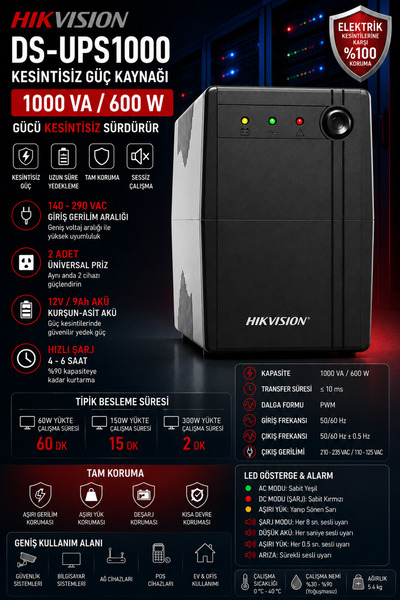 Hikvision 1000 VA UPS KESİNTİSİZ GÜÇ KAYNAĞI / Modem UPS / Kamera UPS / Güven...
