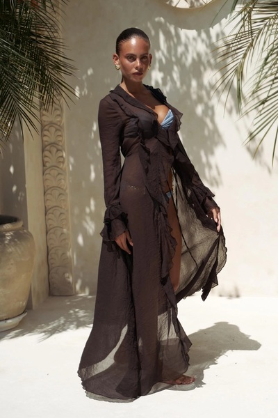 manana fashion Plažni kimono sa volanima, dugih rukava, vezivanje, providna h...