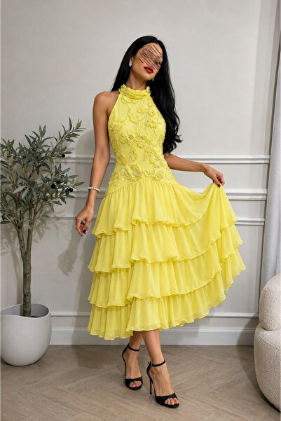 Jood Women's Midi Layered Chiffon Dress with Luxurious Floral Embroidery
