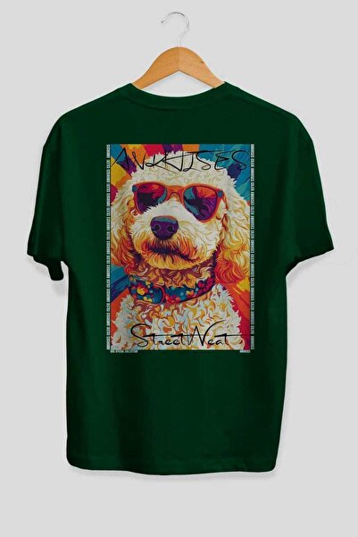 Ankhises For Dog Lovers 50 Dogs in the Back Print Green Oversize T-Shirt 100%...